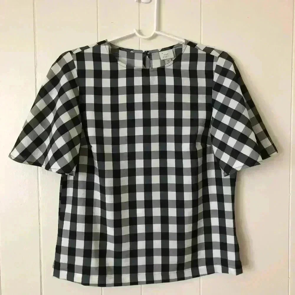 A New Day Women's Short Sleeve Plaid Top Blouse Size XS